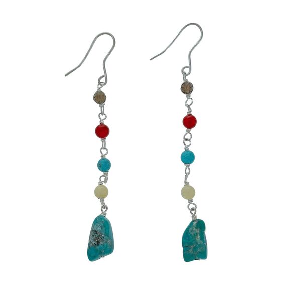 Vintage Thai FS Sterling Silver 925 Mult Gem Bead Dangle Earrings - Picture 2 of 5